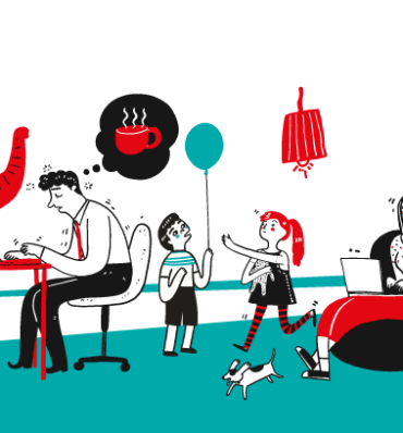 kolorowa ilustracja z rodziną w mieszkaniu oraz słonikiem w kapelutku