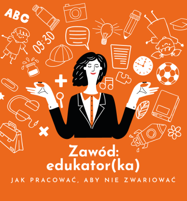 postać edukatorki z uniesionymi rękami, zamkniętymi oczami - wokół mnogość przedmiotów