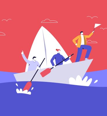 Ilustracja przedstawiająca trzy osoby na żaglówce; jedna stoi na dziobie trzymając flagę, a dwie inne wiosłują. Tło przedstawia czerwone niebo i niebieską wodę, tworząc dynamiczną i pełną przygód scenę.