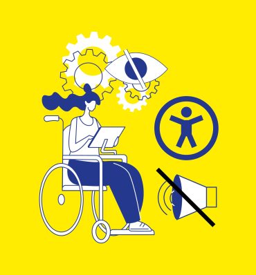 Ilustracja przedstawiająca kobietę na wózku inwalidzkim korzystającą z tabletu, otoczoną ikonami dostępności: koła zębate z okiem, symbol dostępności i wyciszony głośnik, na jasnożółtym tle.