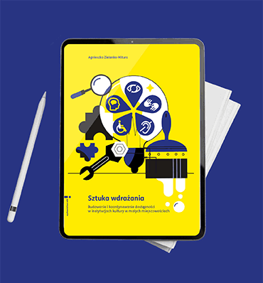 Okładka publikacji wyświetlona na tablecie - przedstawia logo programu Małopolska Kultura Wrażliwa wkomponowane w żarówkę, wokół inne narzędzia, element układanki