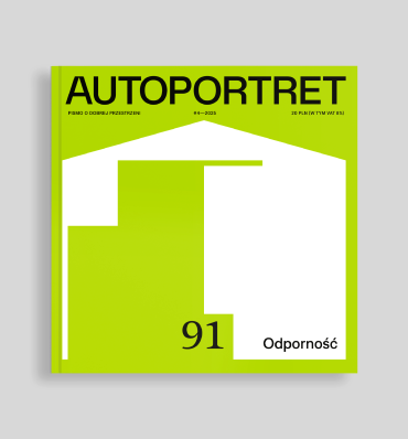 Zielona okładka numeru z białym kształtem budynku z rodzajem ubytku wewnątrz