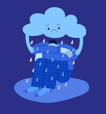 Skulona niebieska postać, nad jej głową wisi smutna chmura deszczowa.