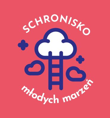 Drabina prowadząca do chmur. Napis: "Schronisko Młodych Marzeń"