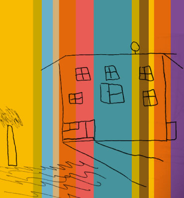Rysunek dziecięcy domku na tle kolorowych, pionowych pasów