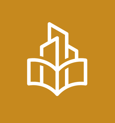 Ikona symbolizująca budynek biblioteki w otwartej księdze