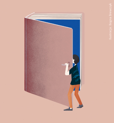 ilustracja przedstawiająca człowieka zaglądającego do dużej książki (jak przez uchylone drzwi)
