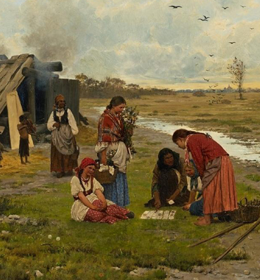 Fragment obrazu przedstawiającego kobiety w chustach grające w coś na trawie, w tle dziecko z instrumentem i domek