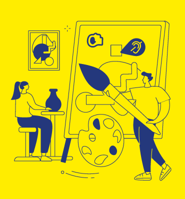 ilustracja przedstawiająca parę artystów przy pracy - malarza i rzeźbiarkę