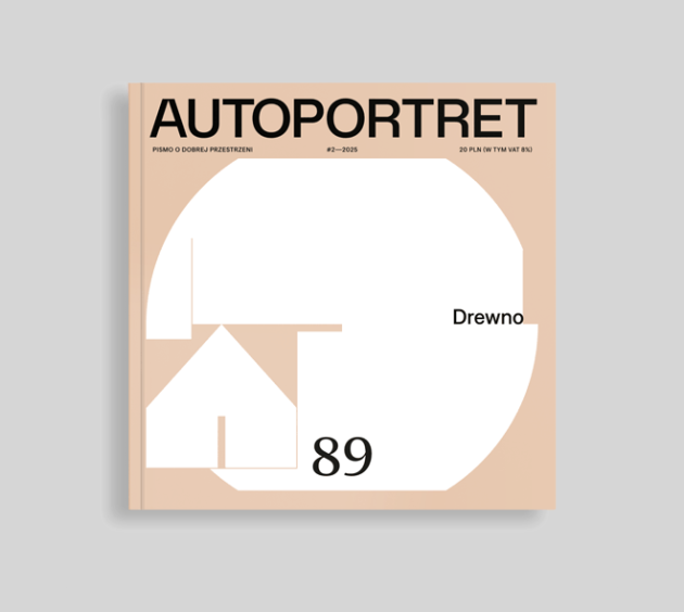 Okładka z jasnobrązowym tłem i białym okrągłym kształtem z wycięciami - jedno w kształcie domu