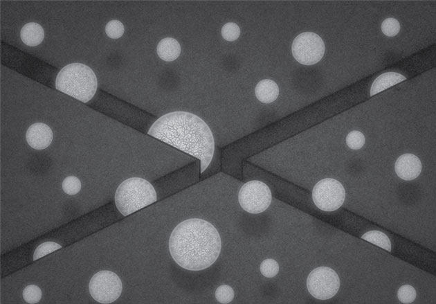 czarno-biała geometryczna ilustracja symbolizująca cząsteczki wirusa w szczelinach