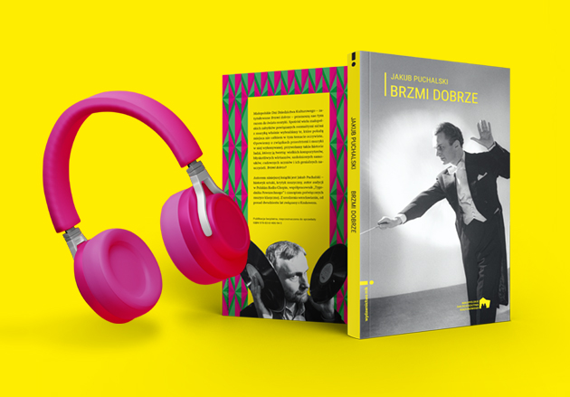 Książka Jakuba Puchalskiego - "Brzmi dobrze" z dyrygentem na okładce, różowe słuchawki