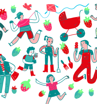 kolorowa ilustracja z dziećmi, owocami, latawcami