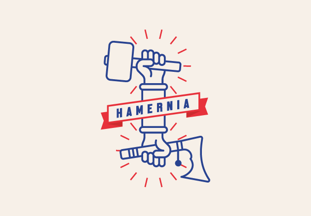 Hamernia - logo z dwiema rękami, jedna trzyma młot, druga siekierkę