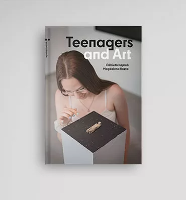 "Teenagers and Art" book cover with a photo of a young girl standing in front of a small figure laying on a pedestal