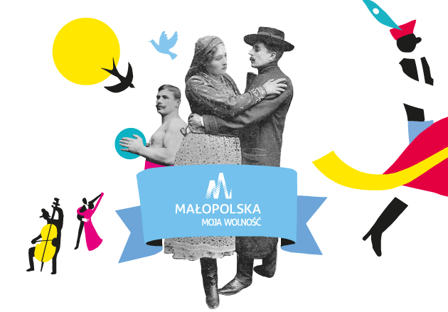 Małopolska Moja Wolność - logotyp na pasie opasająym stare czarno-białe zdjęcie tańczącej pary, wokół kolorowe ilustracje nawiązujące do kultury małopolski