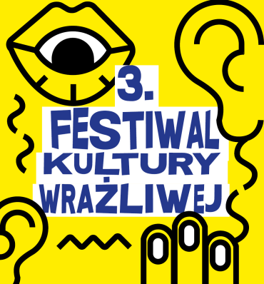 Jaskrawożółty plakat 3. Festiwalu Kultury Wrażliwej z symbolami różnych zmysłów.
