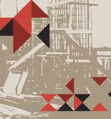 ilustracja z figurami geometrycznymi i przerobioną, bladą fotografią w tle